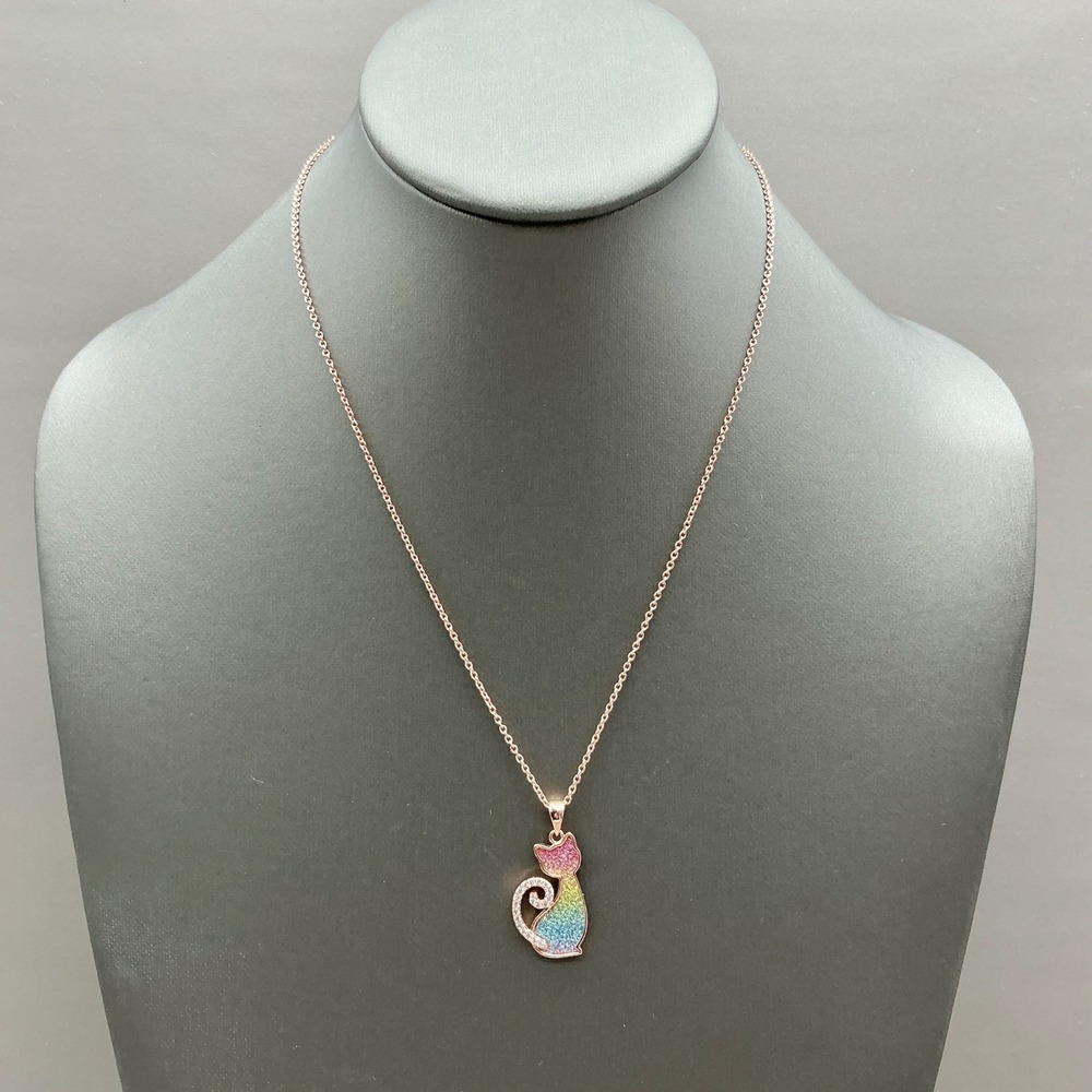 Cat Necklace Rainbow Glitter Rhinestone Rose Gold Tone Pendant Jewelry 20"